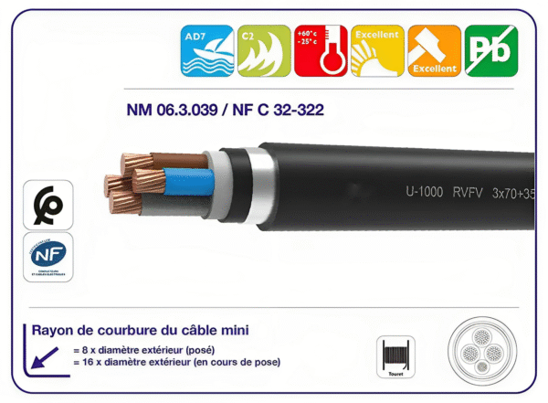 Câble rigide armé cuivre U-1000 RVFV